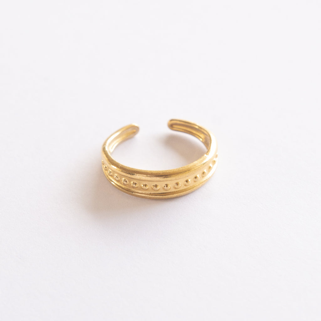 This trendy and durable Dots Ring is perfect for any occasion. Made with high-quality stainless steel and 14K gold plating, it ensures a long-lasting shine and tarnish resistance. The adjustable fit allows for versatile wear on any finger, making it an ideal accessory