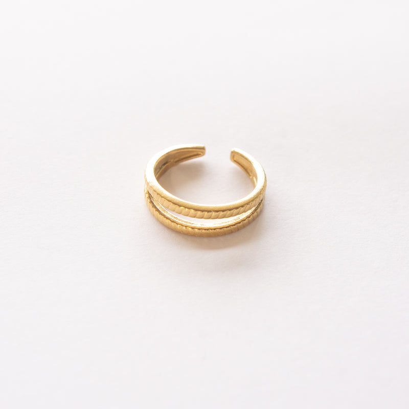 This trendy and durable Double Bar Ring is perfect for any occasion. Made with high-quality stainless steel and 14K gold plating, it ensures a long-lasting shine and tarnish resistance. The adjustable fit allows for versatile wear on any finger, making it an ideal accessory.